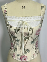 Floral Print Strappy Lace Trim Corset Top