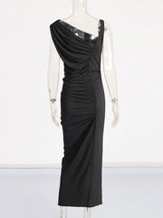 Diagonal Collar Gold Button Black Ruched Midi Dress