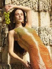 Tassel Bandage O-Neck Gradient Mini Dress