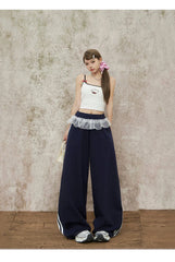 Navy Blue Wide Leg Elastic Waist Striped Sweatpants