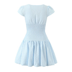 Blue Gingham Smocked Tie Front Keyhole Puff Sleeve Mini Dress