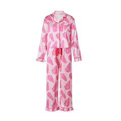 Satin Christmas Ruffle Trim Long Sleeve Shirt And Pants Pajama Set