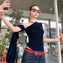 Slash Neck Off Shoulder Tie Up Top