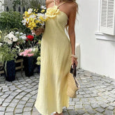 Yellow Halter Maxi Dress with 3D Flower Detail