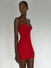 Red Spaghetti Strap Tassel Hem Mini Dress