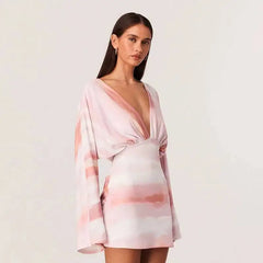 Deep V-neck Long Sleeve Mini Dress