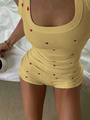 Heart Print Ribbed Tank Top And Boxer Shorts Set