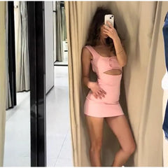 Pink Strap Cut Out Snap Button Bodycon Mini Dress