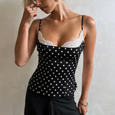 Dots Print Satin Lace Patchwork Square Neck Camisole Top