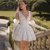 White Deep V-neck Blue Floral Print Mini Dress