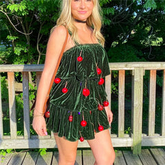 Christmas Tree Velvet Sleeveless Tiered Mini Dress