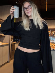 Long Sleeve Round Neck Solid Loose Tee
