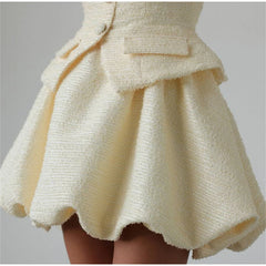 Tweed Puffy Sleeve Shirt And Bubble Skirt Set