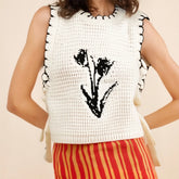 White Knit Square Tie Up Flower Tank Top