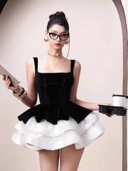 Black Velvet Puff Layered Hem Mini Dress