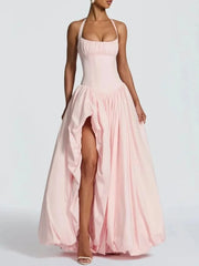 Halter Neck Puff Maxi Dress