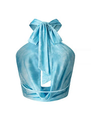 Blue Halter Shell Cowl Crop Top