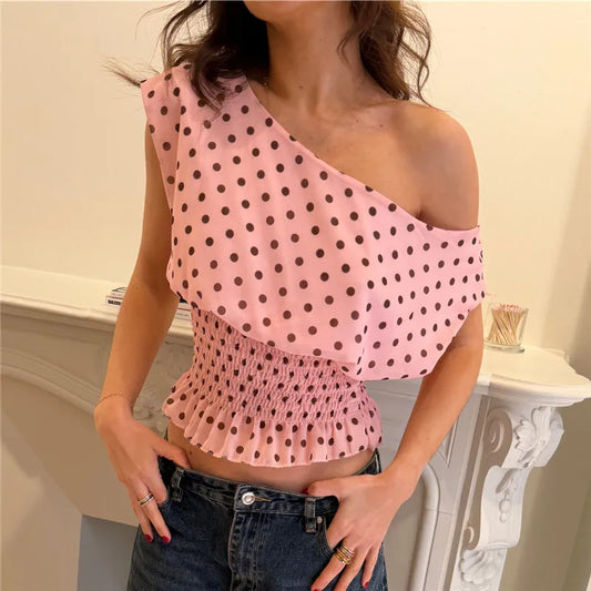 Polka Dot One Shoulder Smocked Waist Top