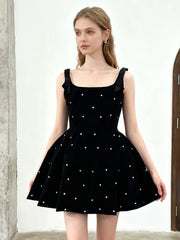 Velvet Pearl Bow Strap Flared Mini Dress