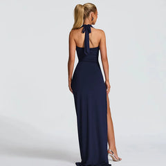 Halter Deep Cowl Neck Split Maxi Dress