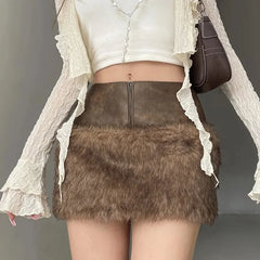 Brown Faux Fur Crop Coat With Patchwork Mini Skirt