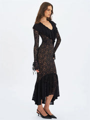 Black Lace Ruffled Long Sleeve Maxi Dress