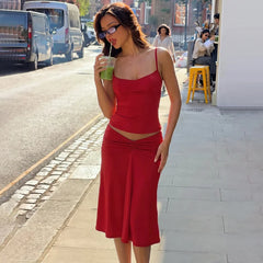 Spaghetti Strap Top And High Waist Ruched Midi Skirt Set