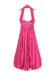 Pink Halter Ribbon Ruffles Frill Midi Dress
