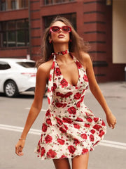 Red Printed Neck Scarf Halter Mini Dress