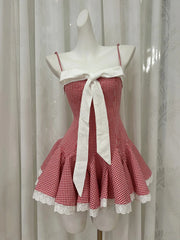 Red Plaid Strappy Bow Mini Dress