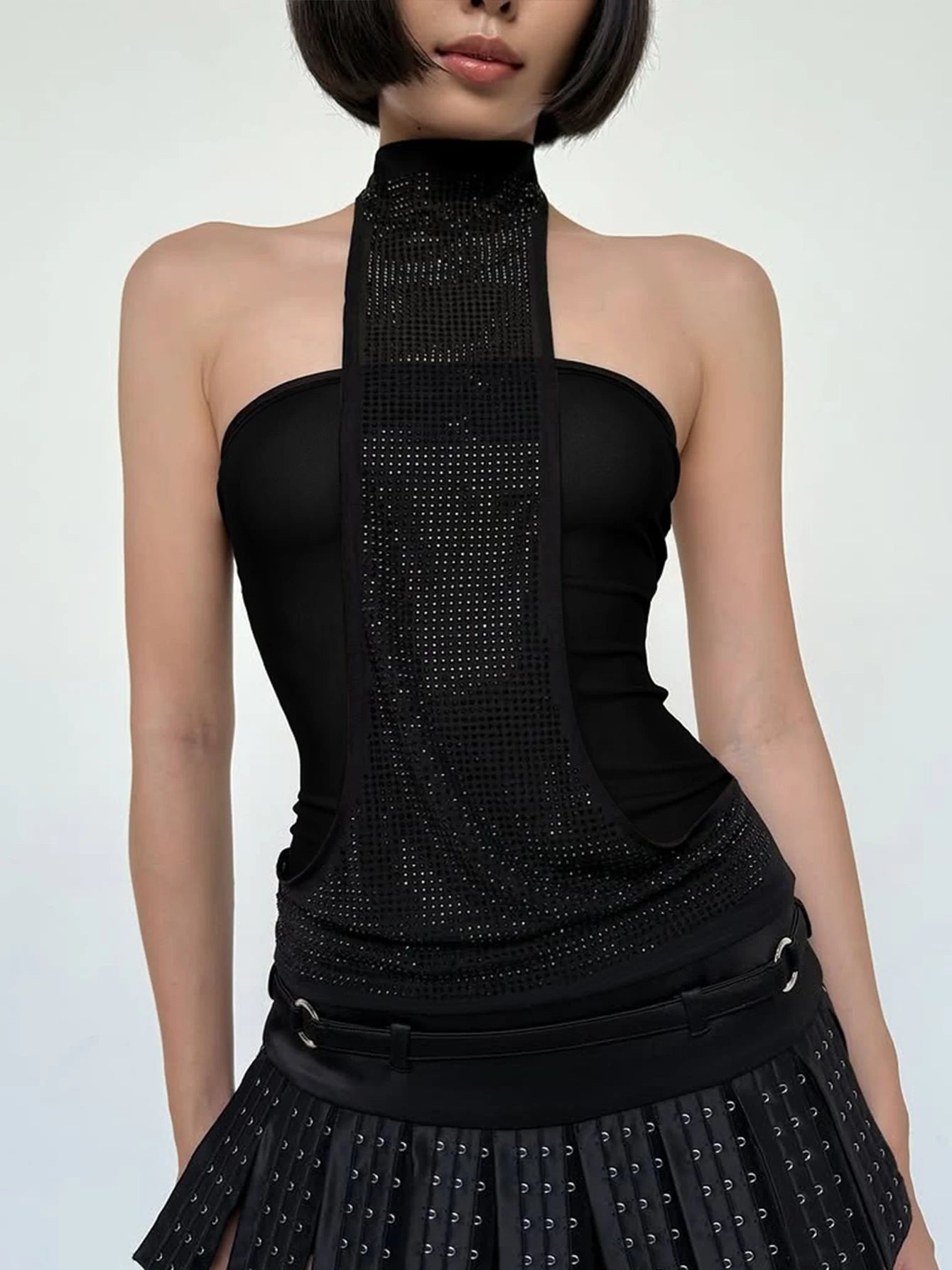 Black high neck sleeveless sequin backless tank top for women.