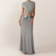 Bandage Tie Up Crop Top & Sequin Strap Long Skirt Set