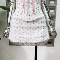 Floral Corset Strap Bow Corset And Mesh Overlay Mini Skirt Set