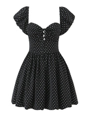 Black Dot Print Puff Sleeve Mini Dress