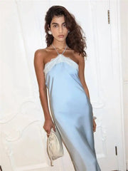 Satin Halter Lace Trim Maxi Dress