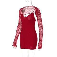 Lace Sheer Long Sleeve V Neck Bodycon Mini Dress