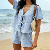 Blue Short Sleeve Bow Stripes Print Top And Shorts Set