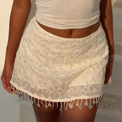White Pencil Sequin Jacquard Tassel Mini Skirt