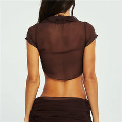 Brown See-Through Ruffle Front Drawstring Bandeau Top