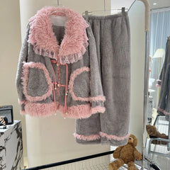 Grey Plush Pink Fur Trim Long Sleeve Shirt And Pants Sleepwear Set