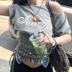 Ruched Drawstring Letter Print Grey Graphic Tee