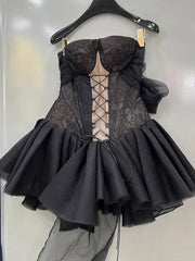 Black Lace Up Corset Mesh Tie Up Flare Mini Dress