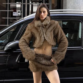 Brown Faux Fur Crop Coat With Patchwork Mini Skirt