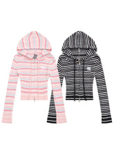 Knit Striped Long Sleeve Zip Hooded Top
