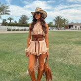 Pink Halter Ruffles Top And Mini Skirt Set