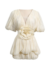 Ruched Deep V Neck Puff Sleeve 3D Flower Mini Dress