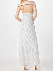 Dotted Off Shoulder Wrap Around Open Back Long Dress