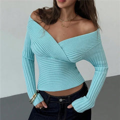 Blue Off Shoulder Wrap V-Neck Long Sleeve Ribbed Top