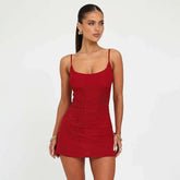 Red Spaghetti Strap Backless Mini Rhinestone Dress