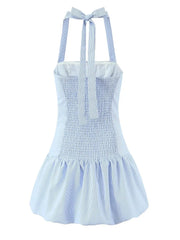 Stripe Halter Smocked Puff Hem Mini Dress
